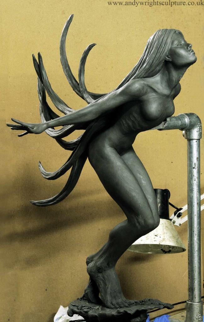 Female nude statue, hair blowing, indoor and for sculpture garden