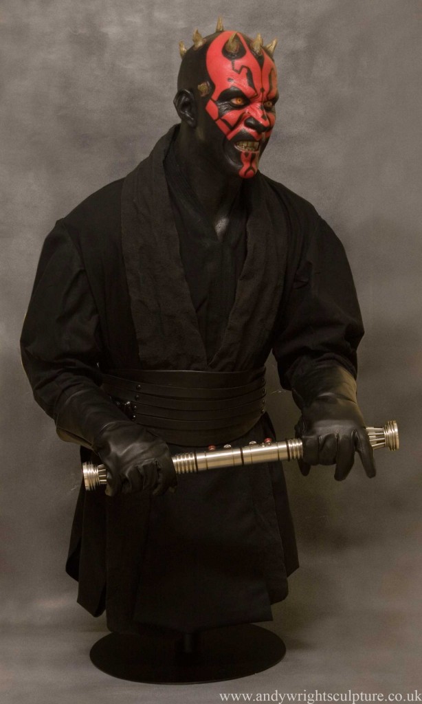 Darth Maul realistic 1:1 life size portrait bust statue prop, made from silicone rubber, fibreglass, costume and metal lightsaber