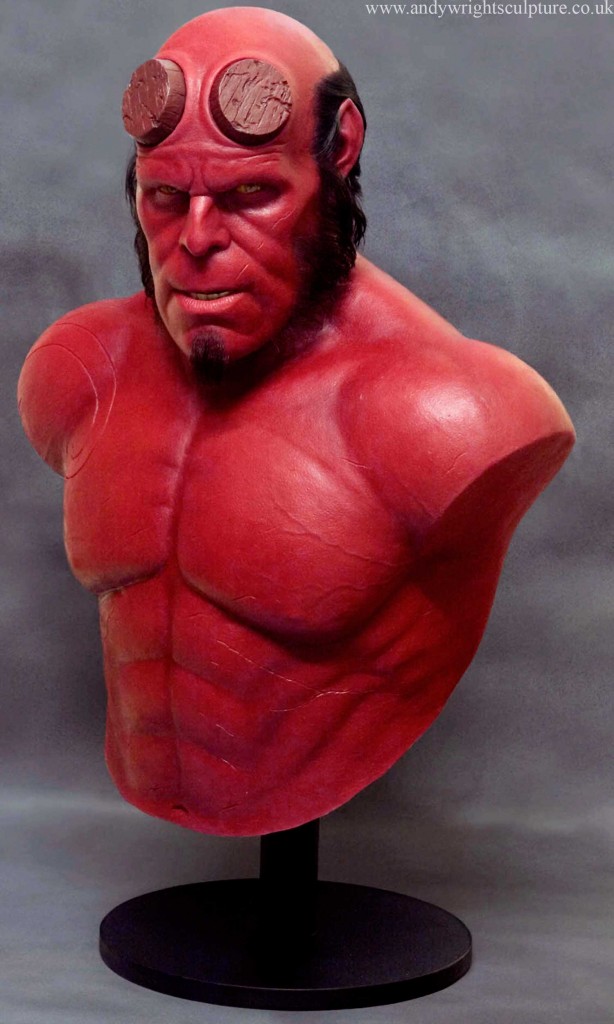 Hellboy as Played by Ron Perlman, life size bust portrait sculpture prop, made from silicone rubber, acrylic, fibreglass and human hair