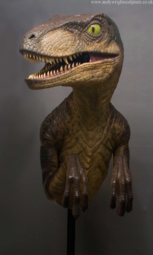 Raptor from Jurassic Park, life size replica prop bust with arms.